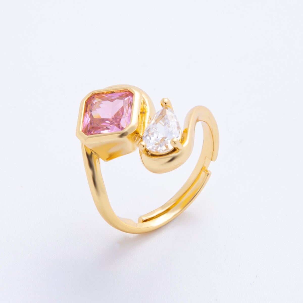 18K Gold Filled Clear, Pink CZ Square Teardrop Curved Adjustable Ring | O238