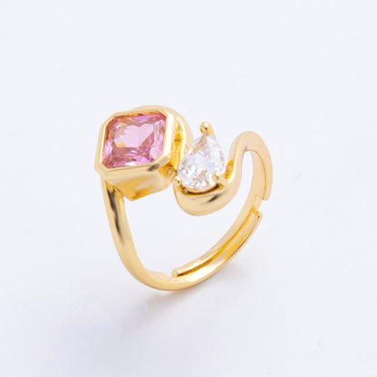 18K Gold Filled Clear, Pink CZ Square Teardrop Curved Adjustable Ring | O238
