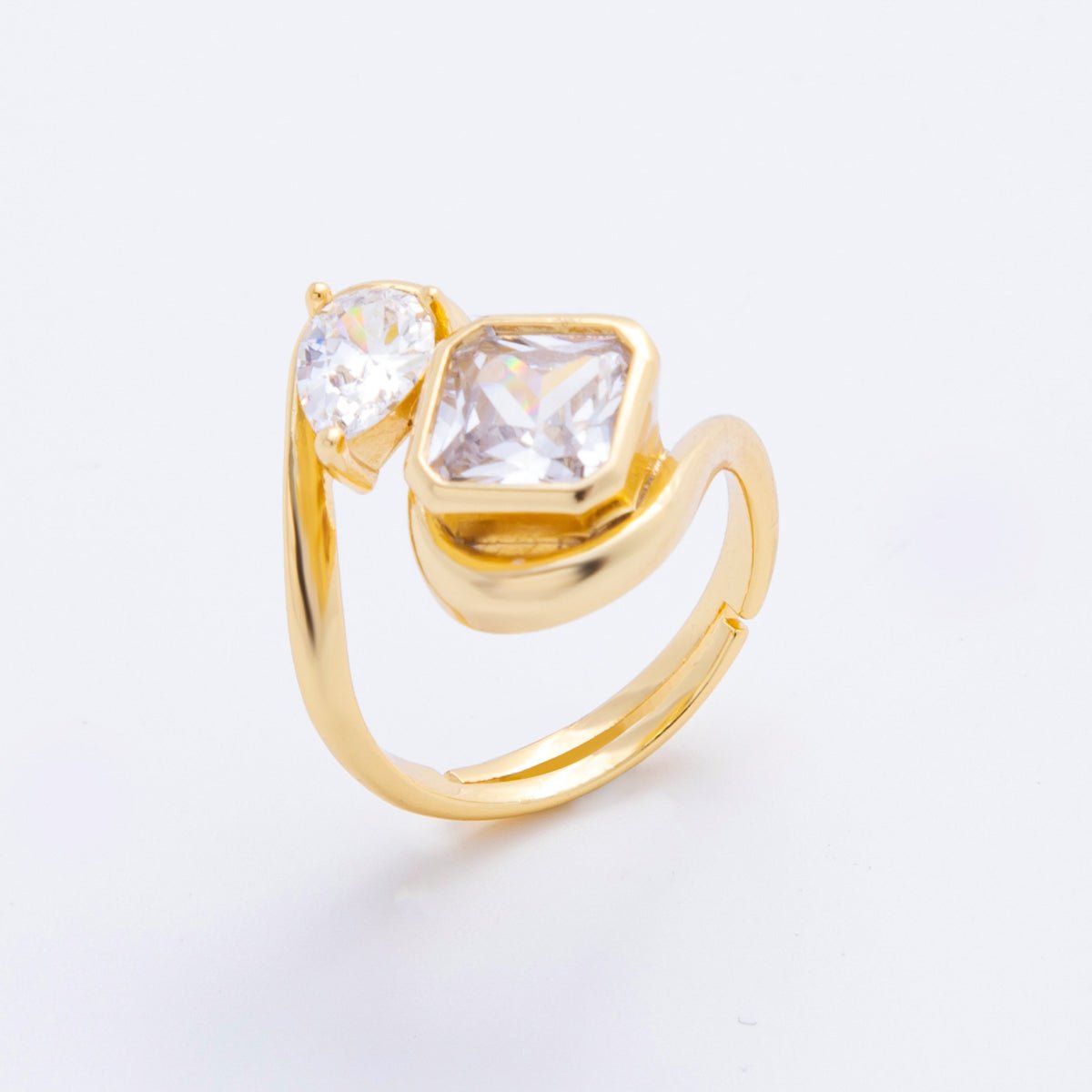 18K Gold Filled Clear, Pink CZ Square Teardrop Curved Adjustable Ring | O238