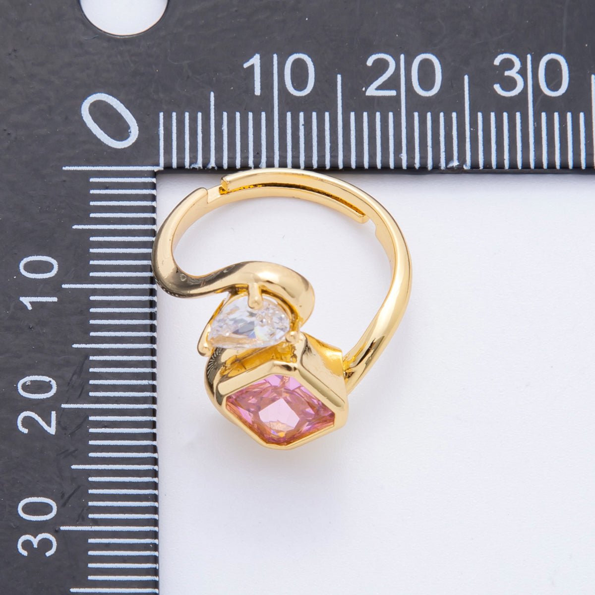 18K Gold Filled Clear, Pink CZ Square Teardrop Curved Adjustable Ring | O238