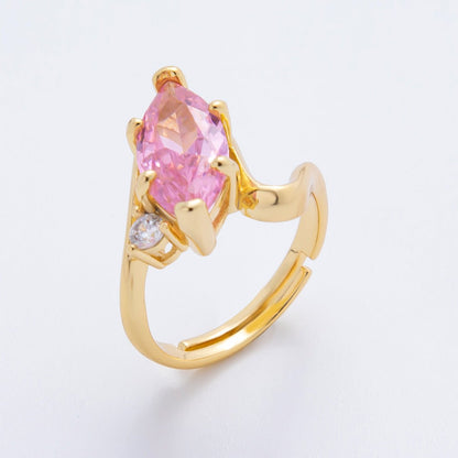18K Gold Filled Clear, Pink Marquise CZ Solitaire Curved Adjustable Ring | O02243