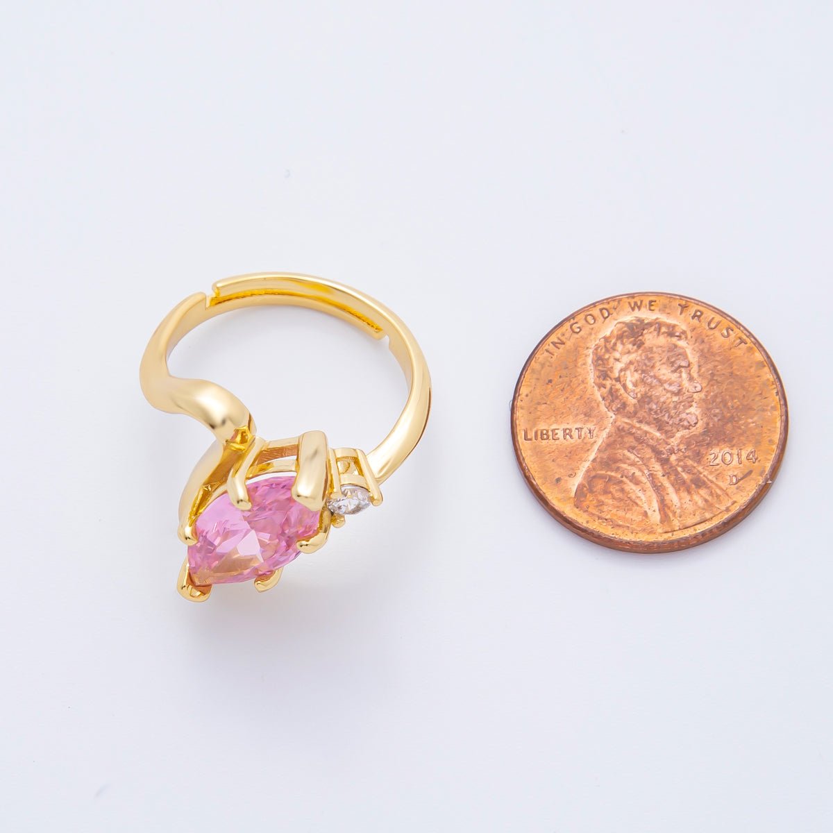 18K Gold Filled Clear, Pink Marquise CZ Solitaire Curved Adjustable Ring | O02243