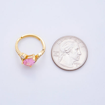 18K Gold Filled Clear, Pink Teardrop Micro Paved CZ Curved Solitaire Adjustable Ring | O00176