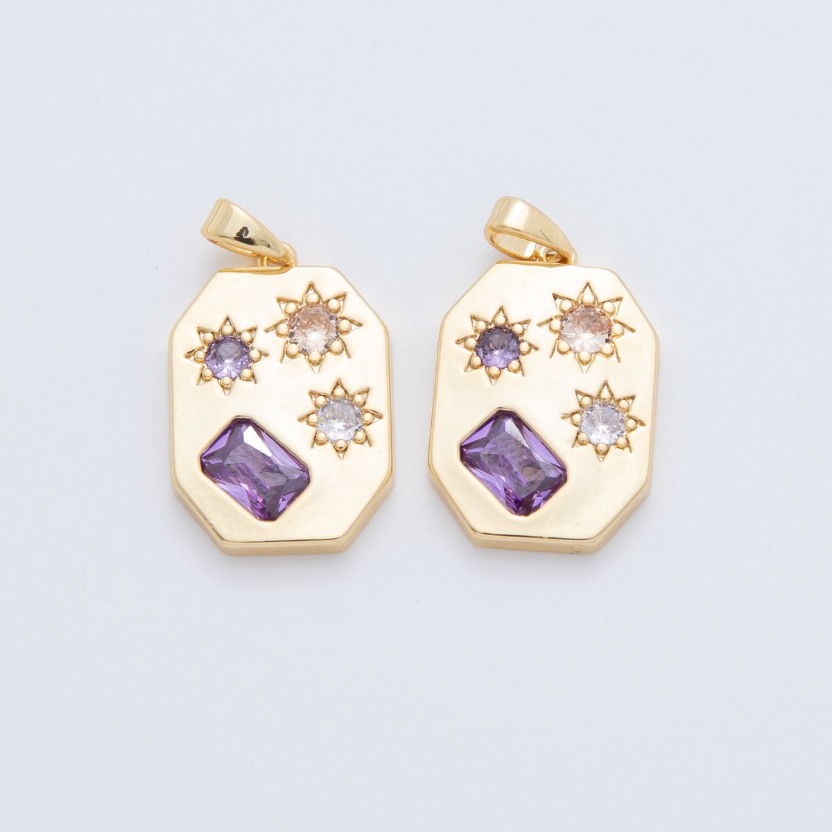 18K Gold Filled Clear Purple Baguette CZ Celestial Sun Rectangular Pendant | AH772