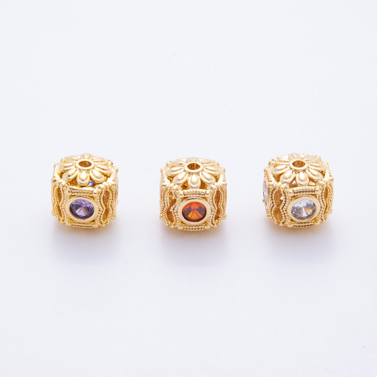 18K Gold Filled Clear, Red, Purple CZ Dotted Flower Bead Spacer | AF1052 AF1053