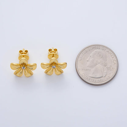 18K Gold Filled Clear Round CZ Minimalist Lined Flower Stud Earrings | AD1595