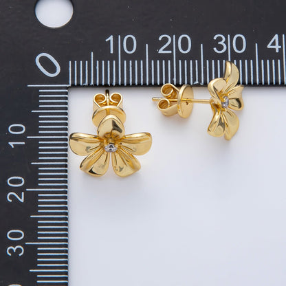 18K Gold Filled Clear Round CZ Minimalist Lined Flower Stud Earrings | AD1595