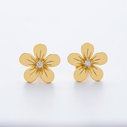 18K Gold Filled Clear Round CZ Minimalist Lined Flower Stud Earrings | AD1595