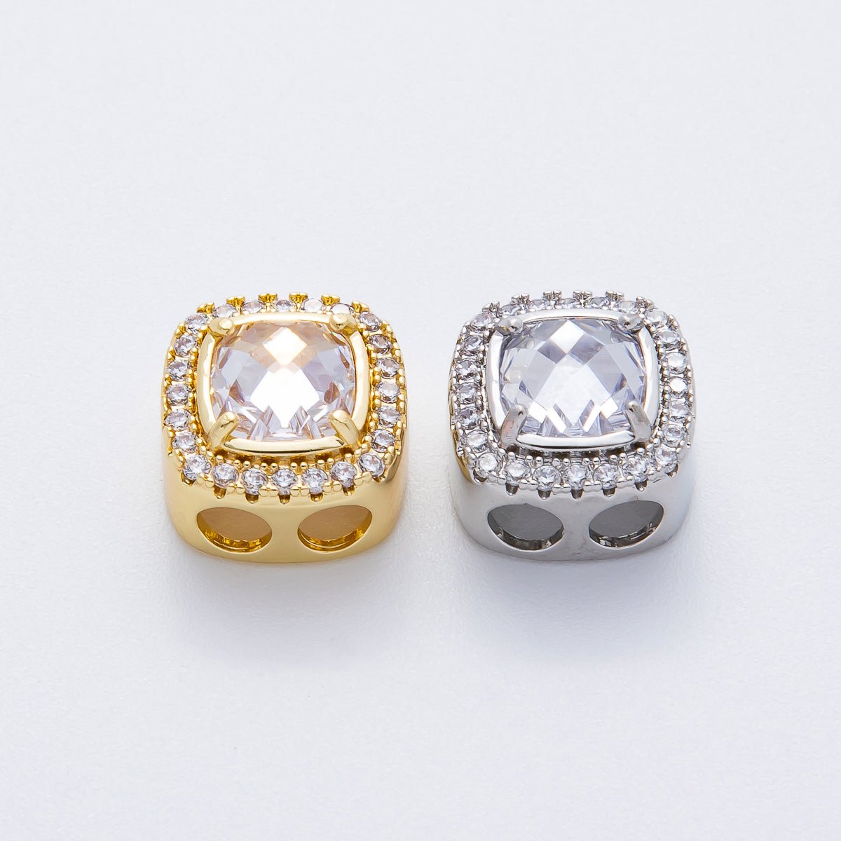18K Gold Filled Clear Square Micro Paved CZ 2-Holes Slider Spacer Bead in Gold &amp; Silver | B107