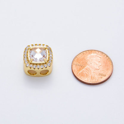 18K Gold Filled Clear Square Micro Paved CZ 2-Holes Slider Spacer Bead in Gold &amp; Silver | B107