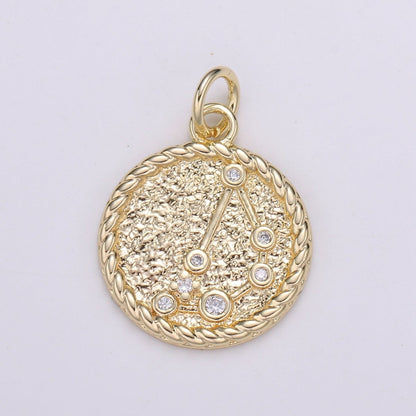 18K Gold Filled Constellation Zodiac Braided Rustic Coin Charm | A-A1821-A-A1826