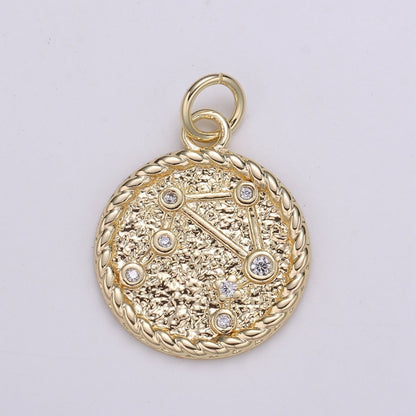 18K Gold Filled Constellation Zodiac Braided Rustic Coin Charm | A-A1821-A-A1826