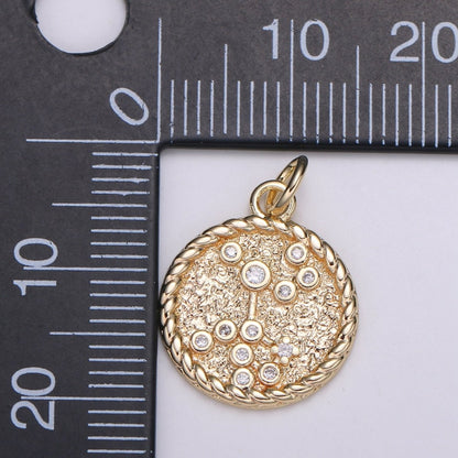 18K Gold Filled Constellation Zodiac Braided Rustic Coin Charm | A-A1821-A-A1826