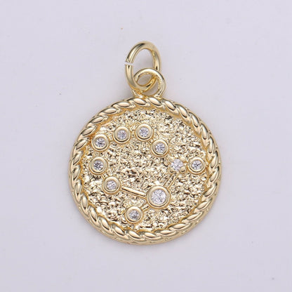 18K Gold Filled Constellation Zodiac Braided Rustic Coin Charm | A-A1821-A-A1826