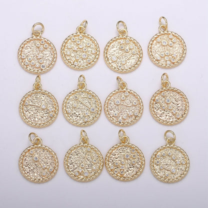 18K Gold Filled Constellation Zodiac Braided Rustic Coin Charm | A-A1821-A-A1826