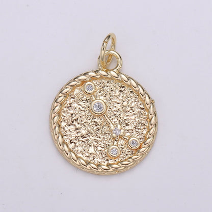 18K Gold Filled Constellation Zodiac Braided Rustic Coin Charm | A-A1821-A-A1826