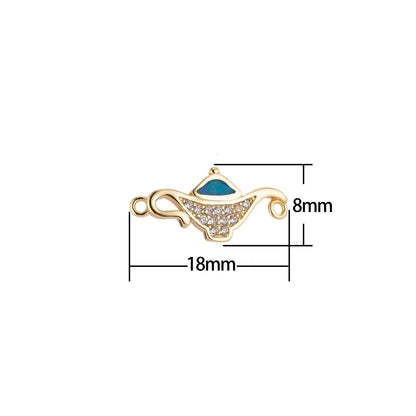 18K Gold Filled Cute Tiny Small Aladdin Magic Lamp Cubic Zirconia Bracelet Charm Bead Finding Connector for earring Jewelry Making, F-078