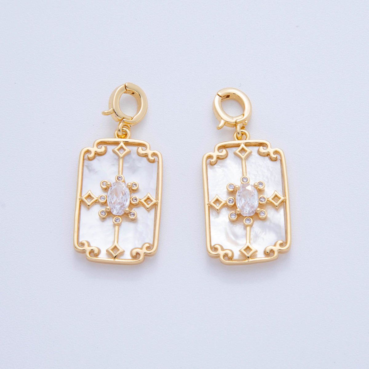 18K Gold Filled CZ Artisan Geometric Shell Pearl Rectangle Latch Snap Bail Pendant | AH757