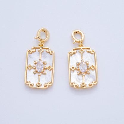 18K Gold Filled CZ Artisan Geometric Shell Pearl Rectangle Latch Snap Bail Pendant | AH757