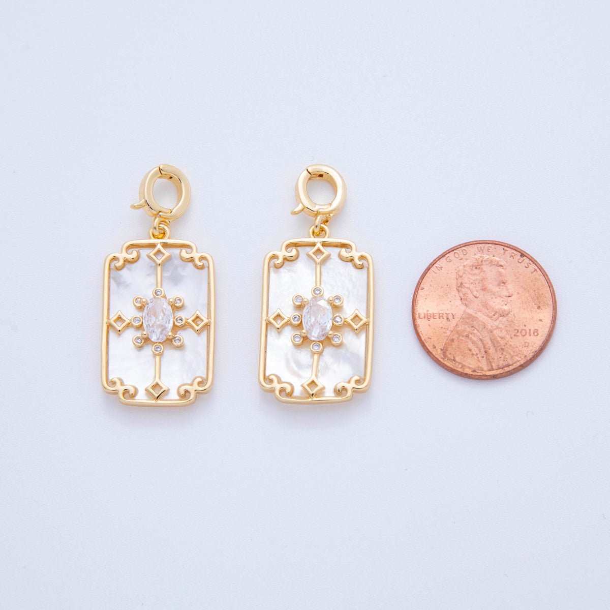 18K Gold Filled CZ Artisan Geometric Shell Pearl Rectangle Latch Snap Bail Pendant | AH757