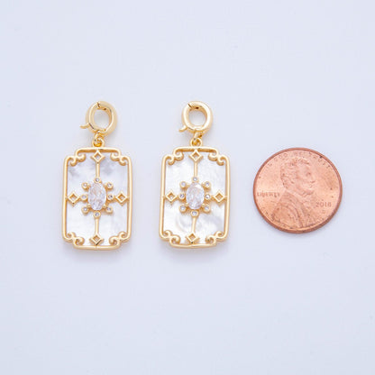 18K Gold Filled CZ Artisan Geometric Shell Pearl Rectangle Latch Snap Bail Pendant | AH757