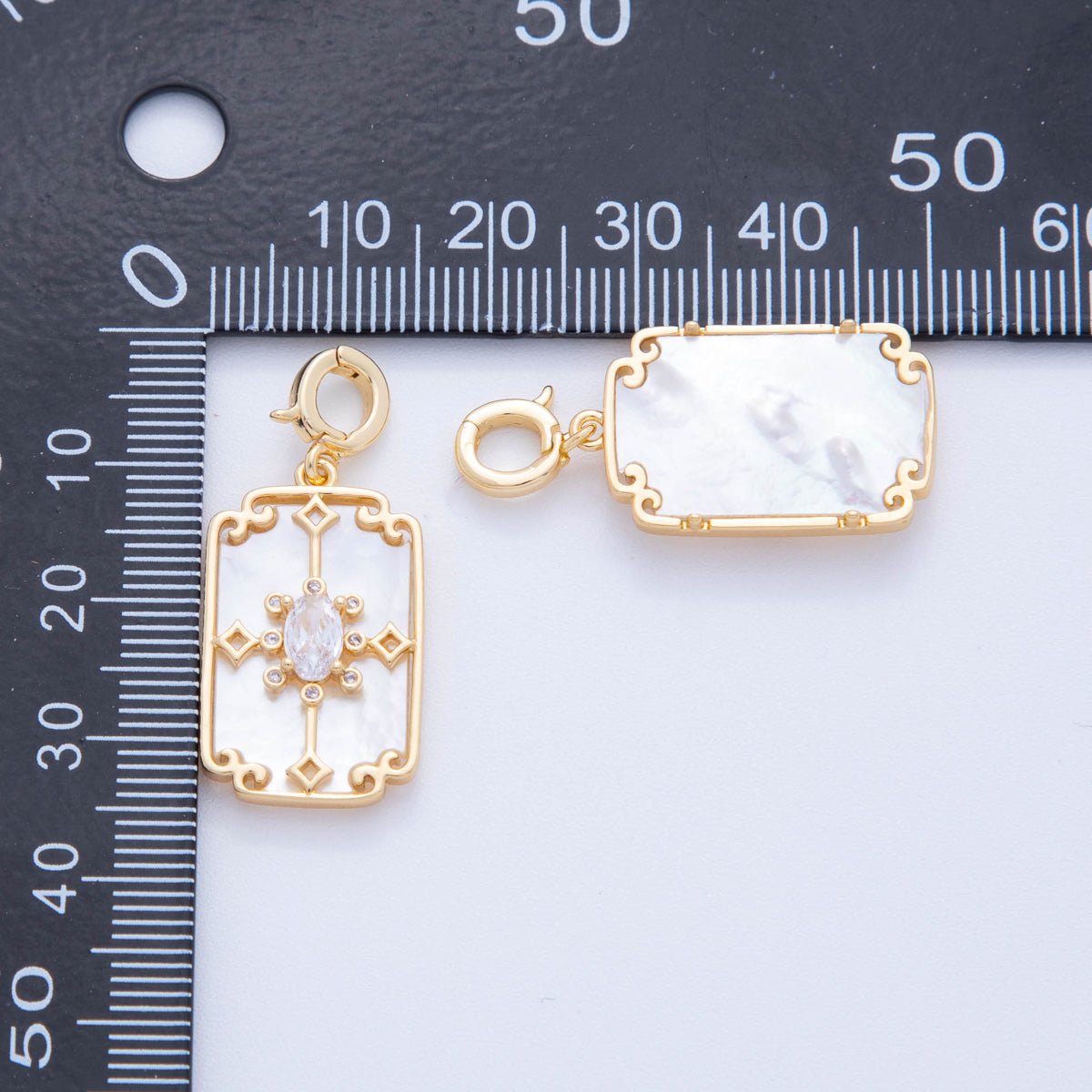 18K Gold Filled CZ Artisan Geometric Shell Pearl Rectangle Latch Snap Bail Pendant | AH757