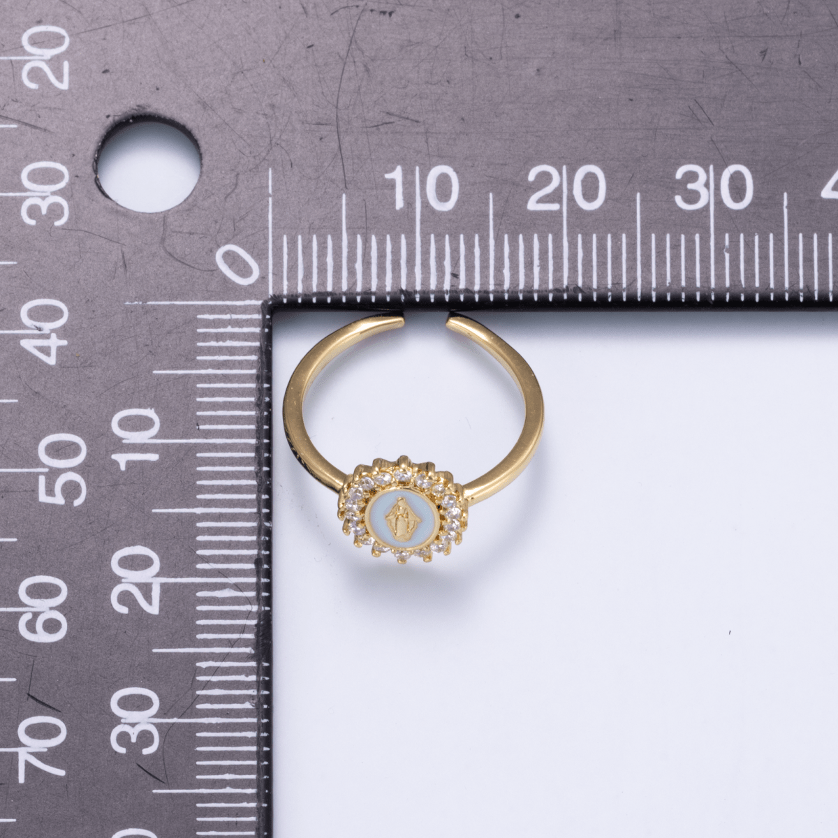 18K Gold Filled CZ Blue Enamel Mother Mary Oval Ring | Rings-00269