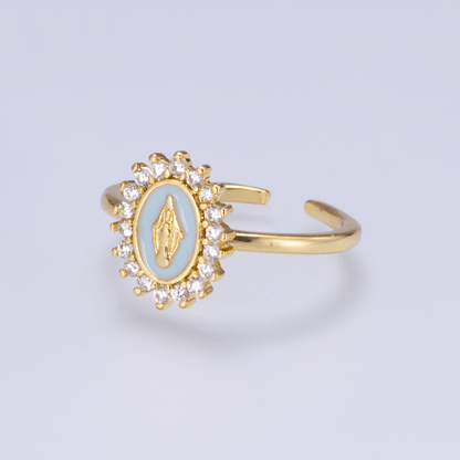 18K Gold Filled CZ Blue Enamel Mother Mary Oval Ring | Rings-00269