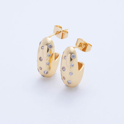 18K Gold Filled CZ Dotted Dome J-Shaped Hoop Earrings | AI364