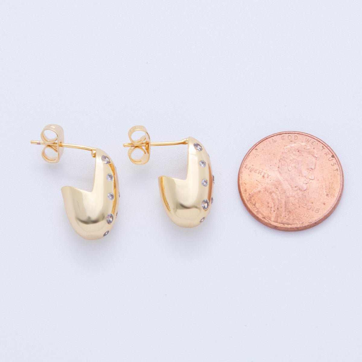 18K Gold Filled CZ Dotted Dome J-Shaped Hoop Earrings | AI364