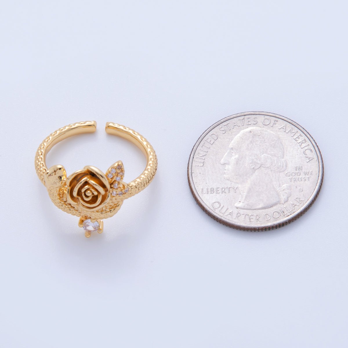 18K Gold Filled CZ Rose Flower Hammered Textured Ring | O2023
