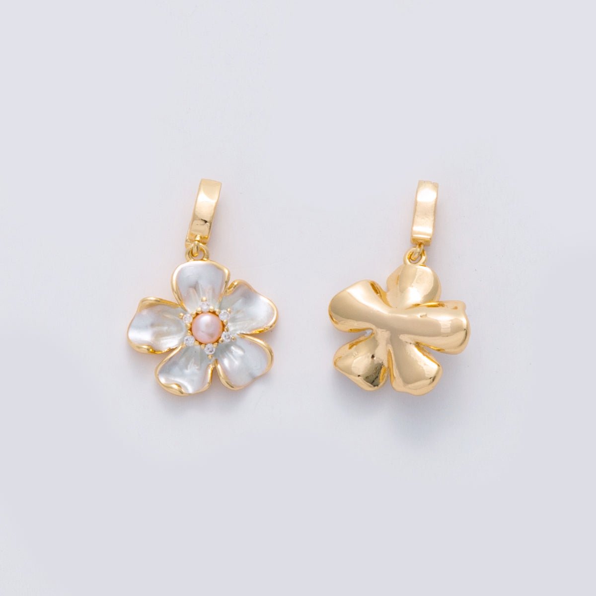 18K Gold Filled CZ Shell Pearl Foil Blue Flower Pendant | AH692