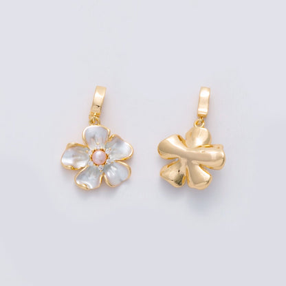 18K Gold Filled CZ Shell Pearl Foil Blue Flower Pendant | AH692