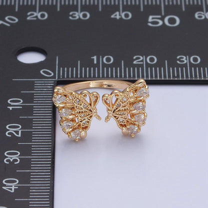 18k Gold Filled Dainty Butterfly Ring, Gold Pave Butterfly Ring, Delicate Butterfly Open Ring Adjustable Ring Big Butterfly Ring O-737