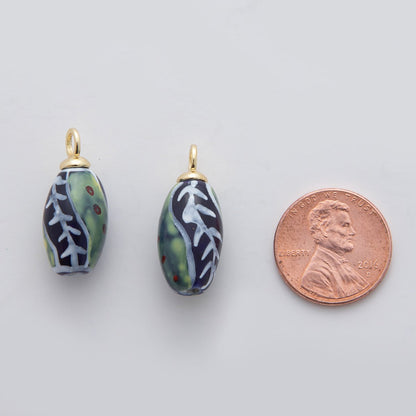18K Gold Filled Doodle Green Vine Seed Ceramic Drop Pendant | X483