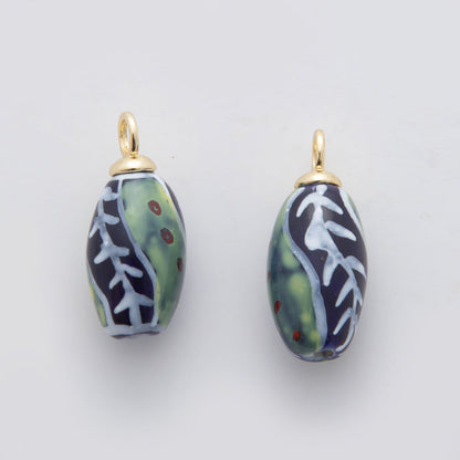 18K Gold Filled Doodle Green Vine Seed Ceramic Drop Pendant | X483