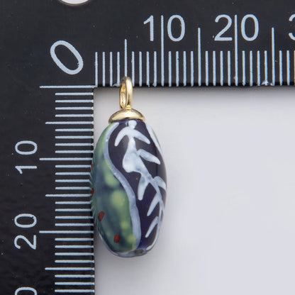 18K Gold Filled Doodle Green Vine Seed Ceramic Drop Pendant | X483