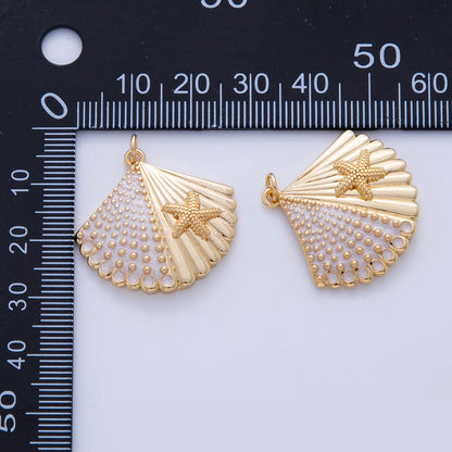 18K Gold Filled Dotted Lined Clam Sea Shell Starfish Charm | AF323