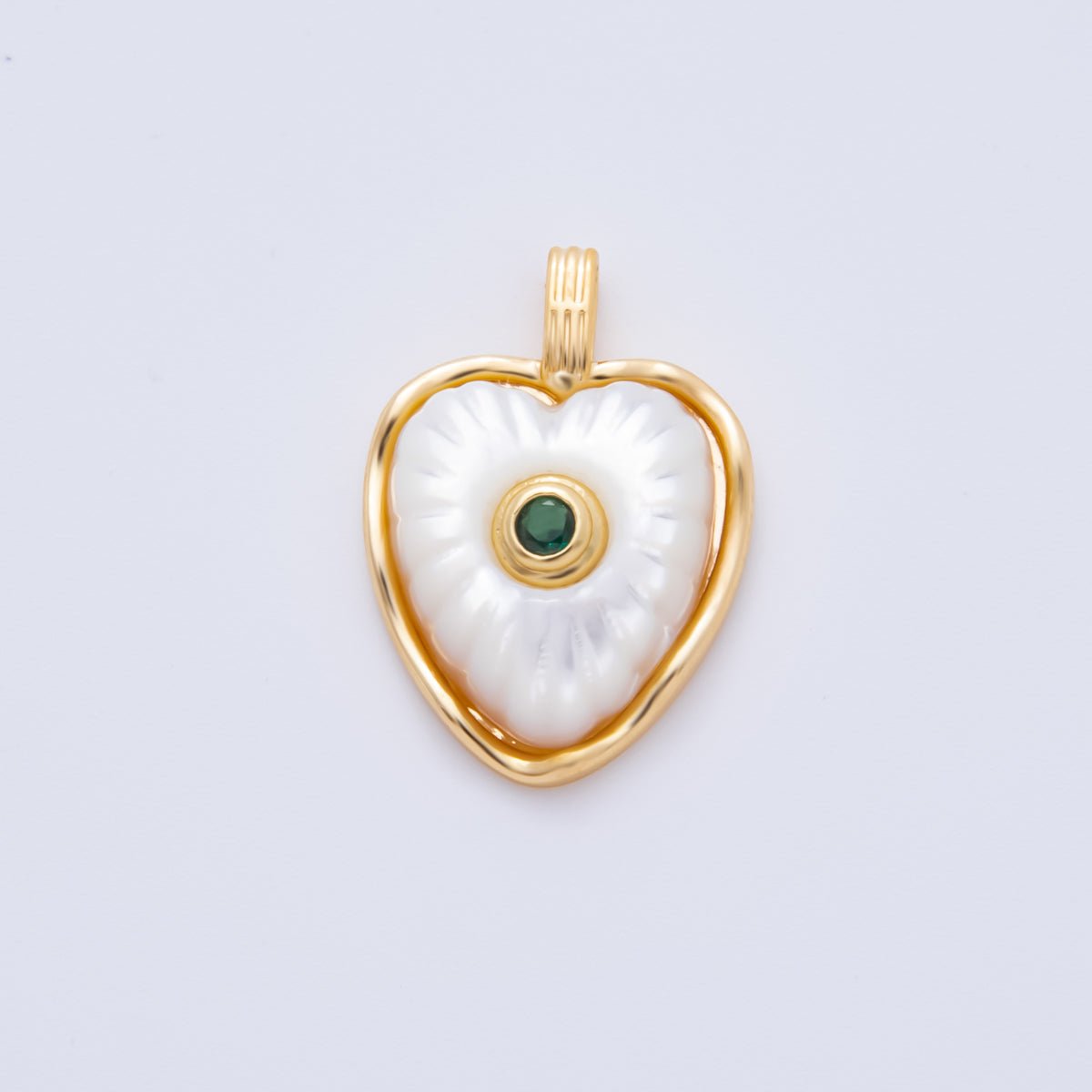 18K Gold Filled Enamel 22.5mm Shell Pearl Round CZ Sunburst Heart Charm | AH897 - AH899