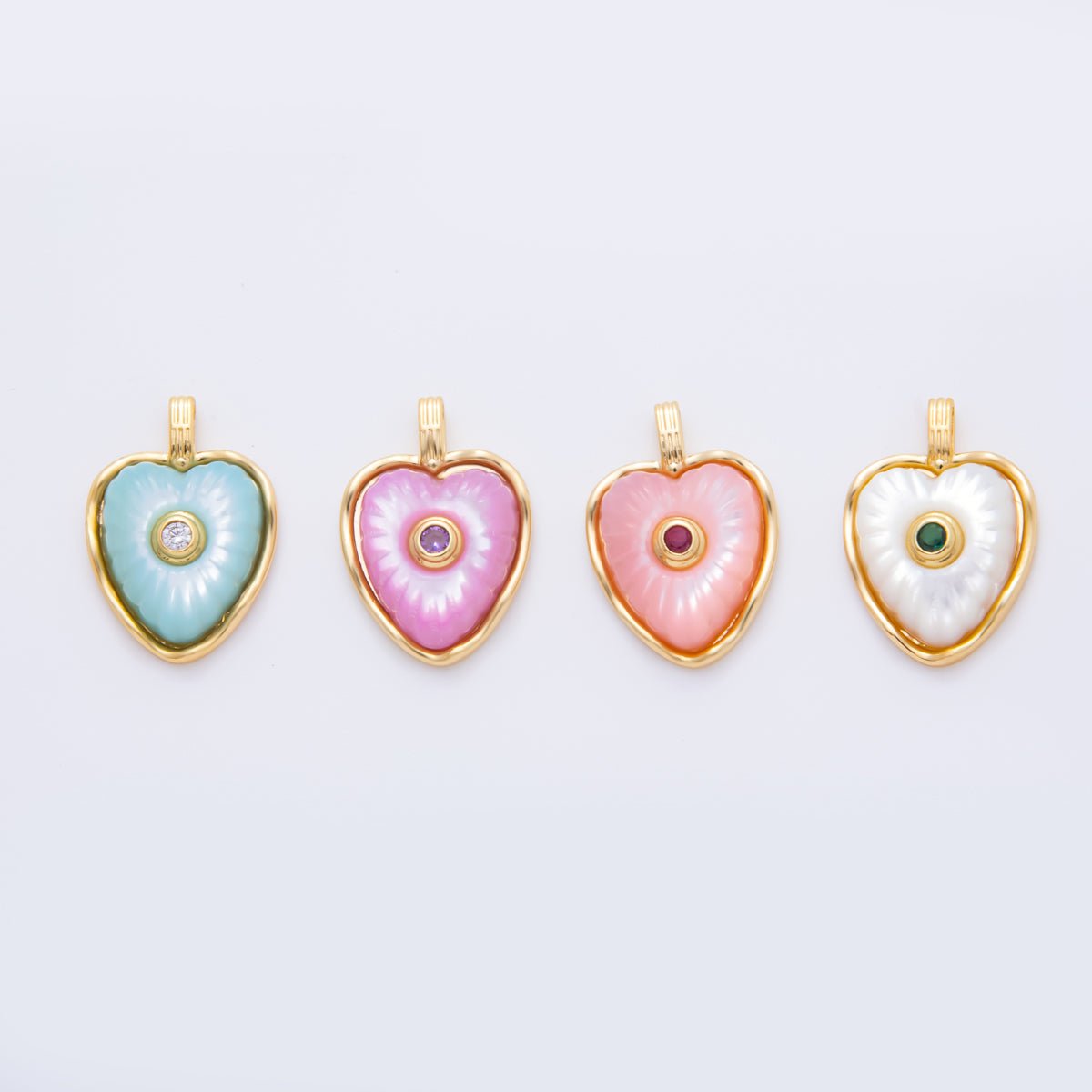 18K Gold Filled Enamel 22.5mm Shell Pearl Round CZ Sunburst Heart Charm | AH897 - AH899