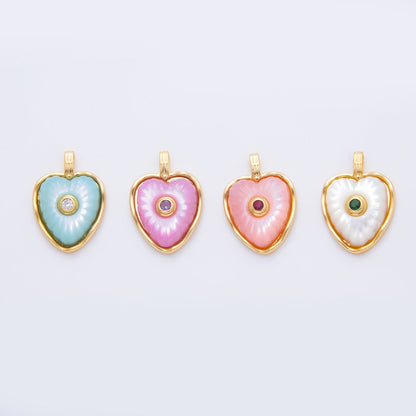 18K Gold Filled Enamel 22.5mm Shell Pearl Round CZ Sunburst Heart Charm | AH897 - AH899