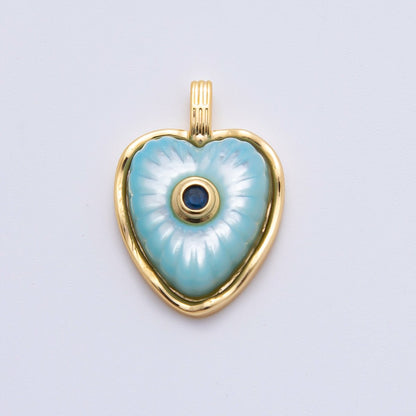 18K Gold Filled Enamel 22.5mm Shell Pearl Round CZ Sunburst Heart Charm | AH897 - AH899