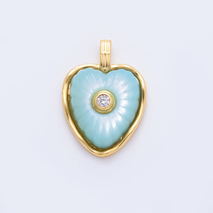 18K Gold Filled Enamel 22.5mm Shell Pearl Round CZ Sunburst Heart Charm | AH897 - AH899