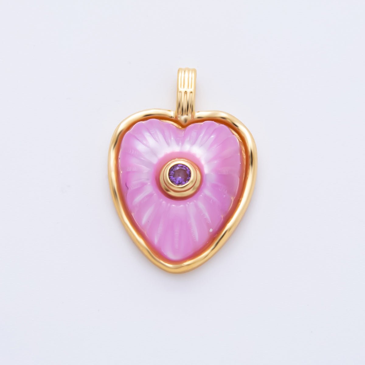 18K Gold Filled Enamel 22.5mm Shell Pearl Round CZ Sunburst Heart Charm | AH897 - AH899