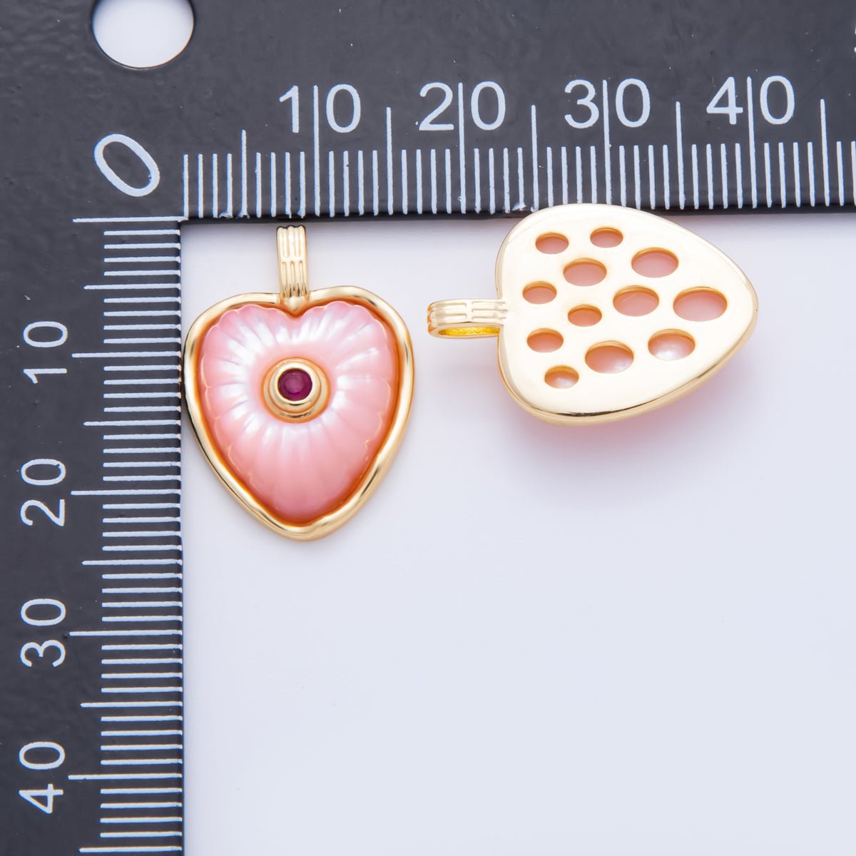 18K Gold Filled Enamel 22.5mm Shell Pearl Round CZ Sunburst Heart Charm | AH897 - AH899