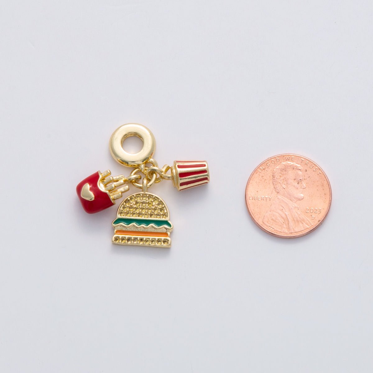 18K Gold Filled Fast Food Hamburger Fries Soda Micro Paved CZ Rhondelle Drop Pendant | C182