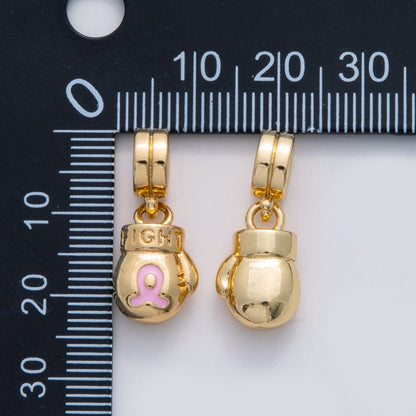 18K Gold Filled "FIGHT" Cancer Ribbon Boxing Glove Rhondelle Drop Pendant | C105