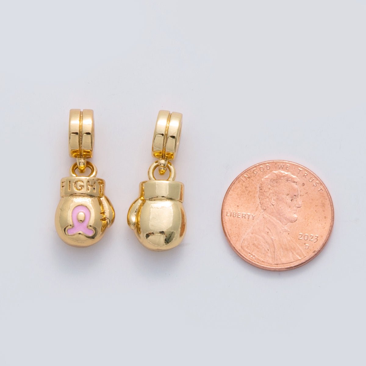 18K Gold Filled "FIGHT" Cancer Ribbon Boxing Glove Rhondelle Drop Pendant | C105