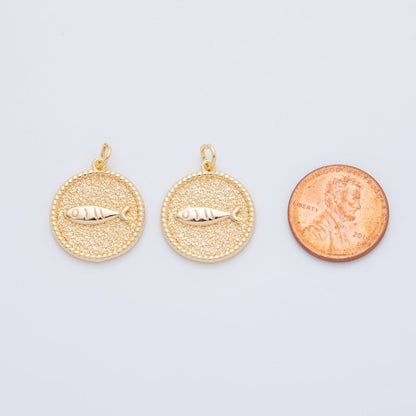 18K Gold Filled Fish Animal Hammered Round Charm | AF-801