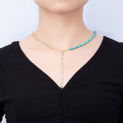 18K Gold Filled Floating Turquoise Multi Cut Rondelle Bezel Half Gemstone Lariat Chain 19 Inch Necklace | WA-01384